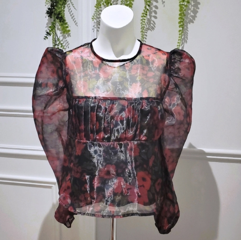 Floral Organza Puff Sleeve Babydoll Top - Picture 3 of 15